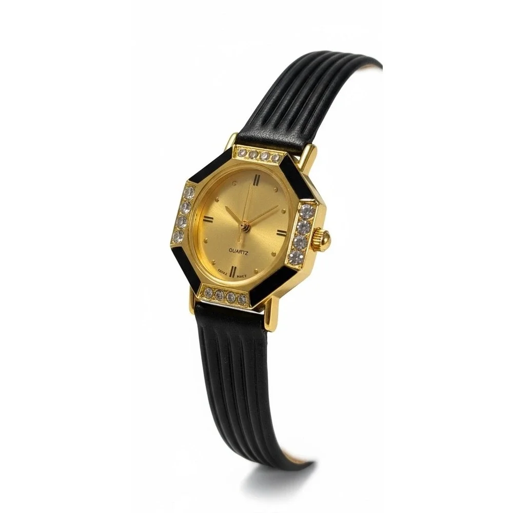 Gold Tone Black Accent Women's Quartz Fashion Watch‎ with Rhinestone Detail